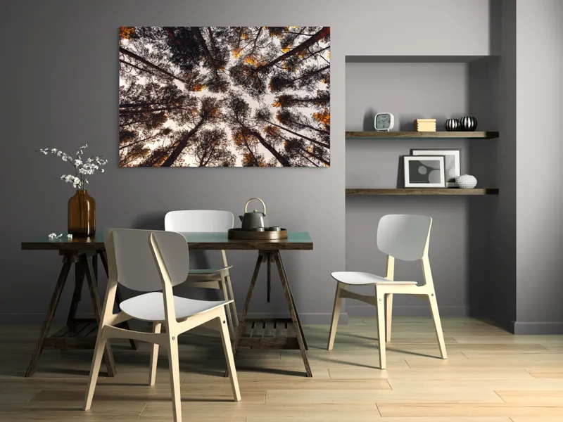 Tablou Canvas, "Privind spre cer printre pini", Copaci, Cer, Ramuri, Frunziș, Natură, Apus, Siluete, Pădure, Înalt, Vârfuri, 150 x 100 cm – poza 5