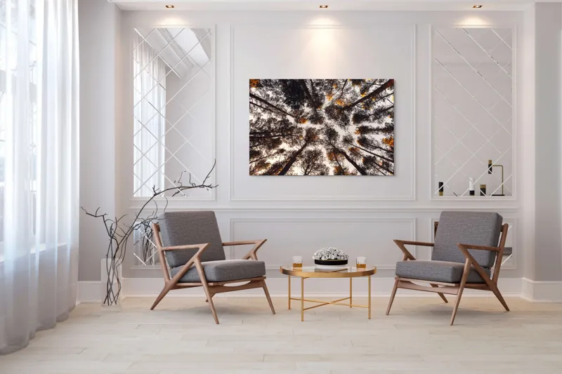 Tablou Canvas, "Privind spre cer printre pini", Copaci, Cer, Ramuri, Frunziș, Natură, Apus, Siluete, Pădure, Înalt, Vârfuri, 150 x 100 cm – poza 7