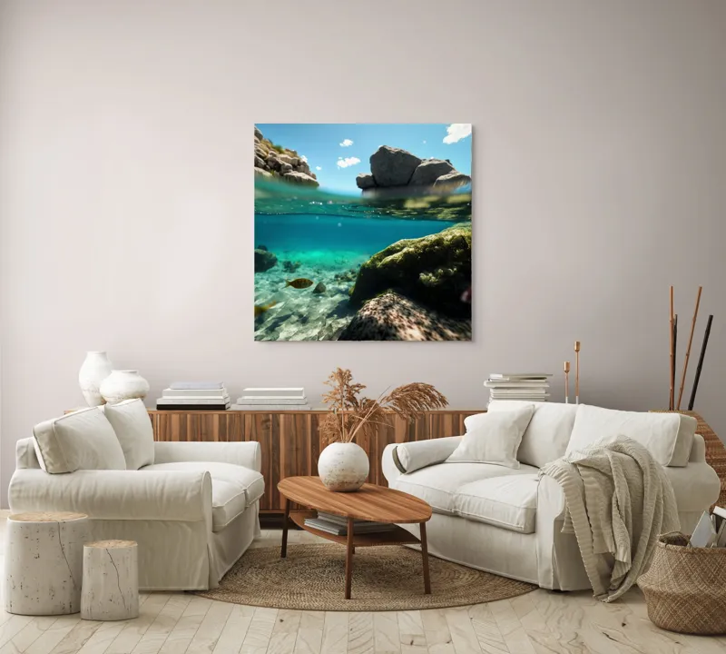 Tablou Canvas, "Lumea subacvatică îmbrațișată de soare", Stânci, Apă, Albastru, Pești, Corali, Cer, Nor, Lumină, 100 x 100 cm – poza 3