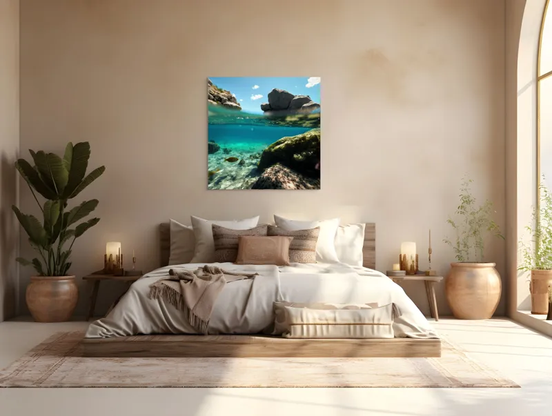 Tablou Canvas, "Lumea subacvatică îmbrațișată de soare", Stânci, Apă, Albastru, Pești, Corali, Cer, Nor, Lumină, 100 x 100 cm – poza 4