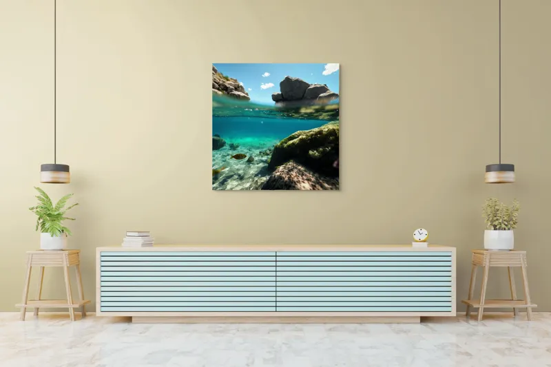 Tablou Canvas, "Lumea subacvatică îmbrațișată de soare", Stânci, Apă, Albastru, Pești, Corali, Cer, Nor, Lumină, 100 x 100 cm – poza 5