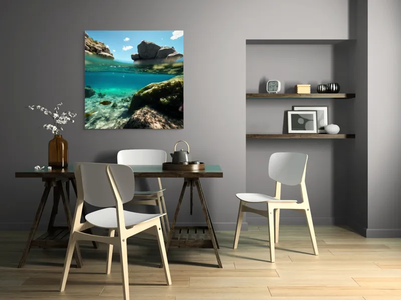 Tablou Canvas, "Lumea subacvatică îmbrațișată de soare", Stânci, Apă, Albastru, Pești, Corali, Cer, Nor, Lumină, 100 x 100 cm – poza 6