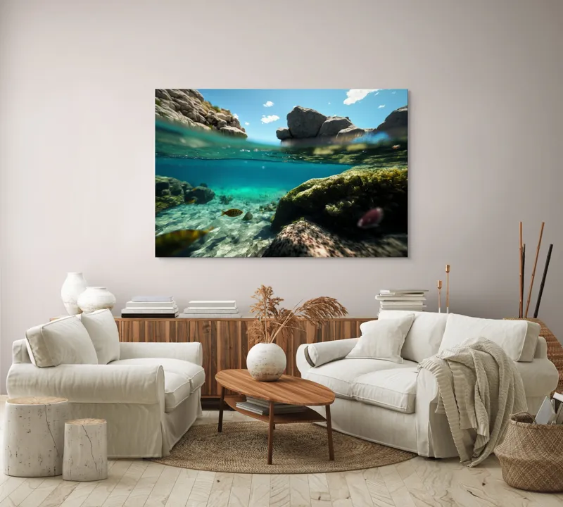 Tablou Canvas, "Lumea subacvatică îmbrațișată de soare", Stânci, Apă, Albastru, Pești, Corali, Cer, Nor, Lumină, 150 x 100 cm – poza 3
