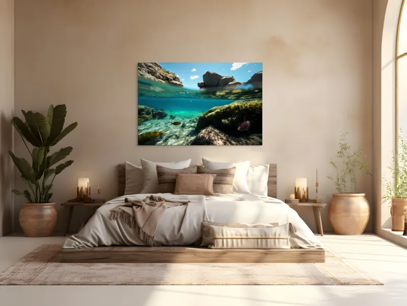 Tablou Canvas, "Lumea subacvatică îmbrațișată de soare", Stânci, Apă, Albastru, Pești, Corali, Cer, Nor, Lumină, 150 x 100 cm – poza 4