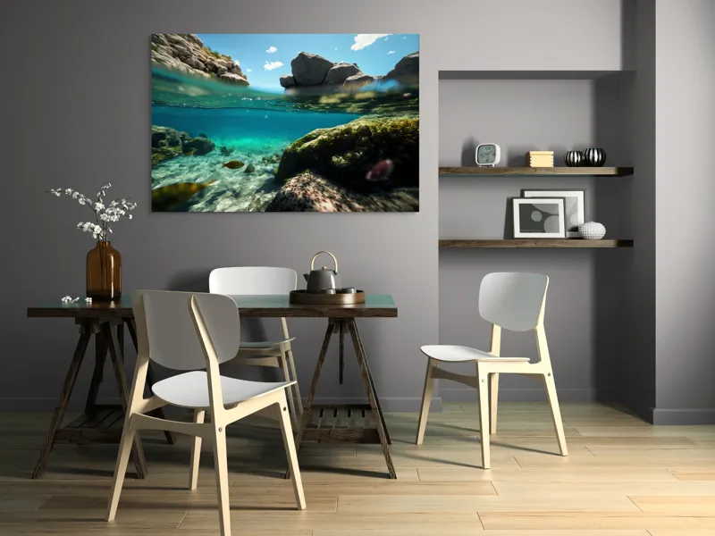 Tablou Canvas, "Lumea subacvatică îmbrațișată de soare", Stânci, Apă, Albastru, Pești, Corali, Cer, Nor, Lumină, 150 x 100 cm – poza 5