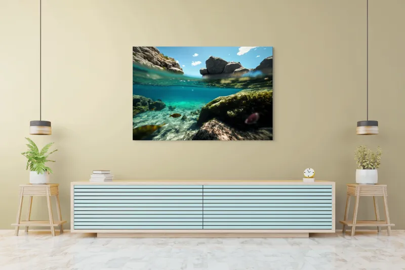 Tablou Canvas, "Lumea subacvatică îmbrațișată de soare", Stânci, Apă, Albastru, Pești, Corali, Cer, Nor, Lumină, 150 x 100 cm – poza 6