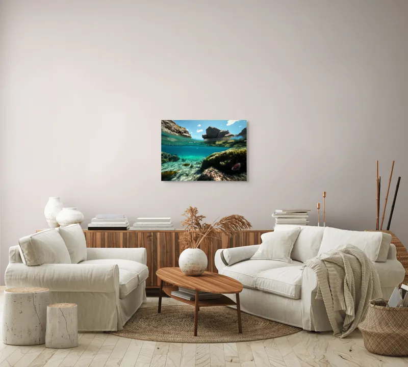 Tablou Canvas, "Lumea subacvatică îmbrațișată de soare", Stânci, Apă, Albastru, Pești, Corali, Cer, Nor, Lumină, 70 x 50 cm – poza 6