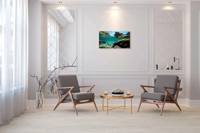 Tablou Canvas, "Lumea subacvatică îmbrațișată de soare", Stânci, Apă, Albastru, Pești, Corali, Cer, Nor, Lumină, 90 x 50 cm – poza 7