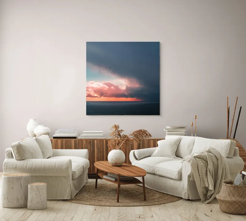 Tablou Canvas, "Cerul se întâlnește cu marea.", Cer, Nori, Apus, Ocean, Contrast, Lumină, Întunecare, Siluetă, Orizont, Culoare, 100 x 100 cm – poza 3