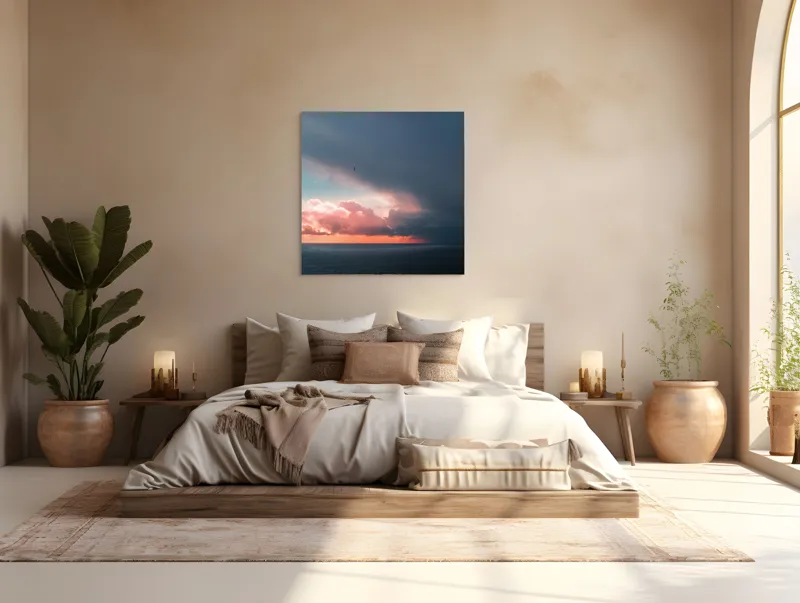 Tablou Canvas, "Cerul se întâlnește cu marea.", Cer, Nori, Apus, Ocean, Contrast, Lumină, Întunecare, Siluetă, Orizont, Culoare, 100 x 100 cm – poza 4