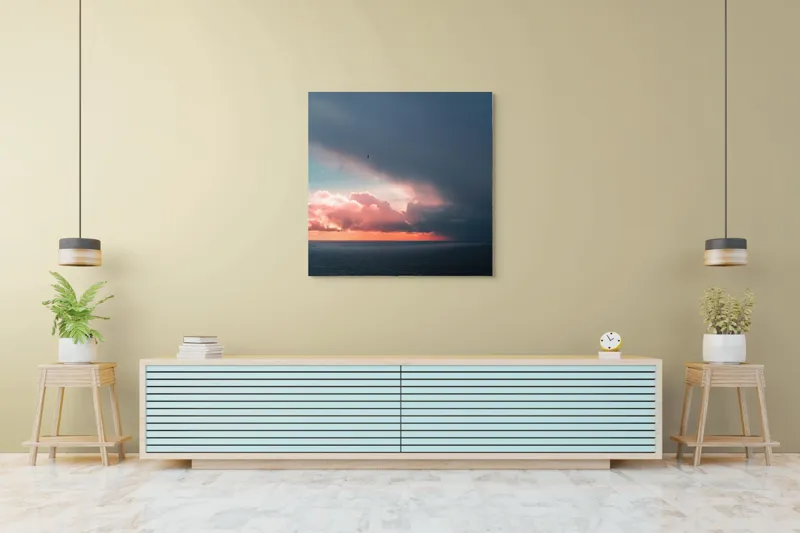 Tablou Canvas, "Cerul se întâlnește cu marea.", Cer, Nori, Apus, Ocean, Contrast, Lumină, Întunecare, Siluetă, Orizont, Culoare, 100 x 100 cm – poza 5