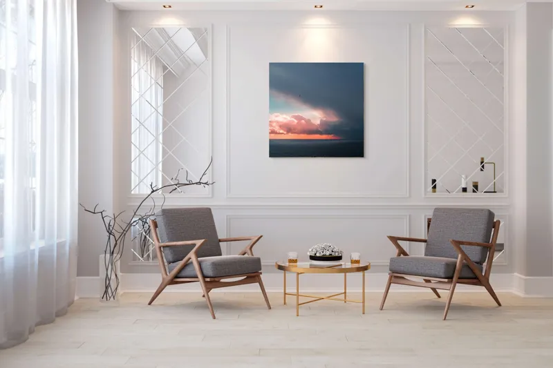Tablou Canvas, "Cerul se întâlnește cu marea.", Cer, Nori, Apus, Ocean, Contrast, Lumină, Întunecare, Siluetă, Orizont, Culoare, 100 x 100 cm – poza 7