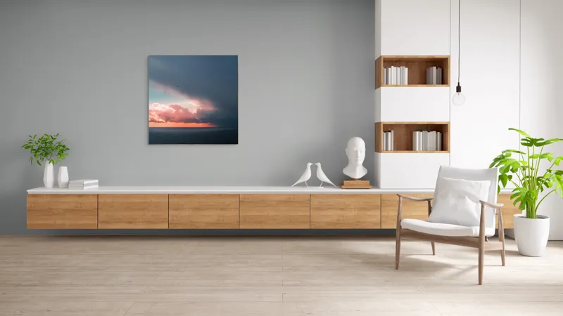 Tablou Canvas, "Cerul se întâlnește cu marea.", Cer, Nori, Apus, Ocean, Contrast, Lumină, Întunecare, Siluetă, Orizont, Culoare, 100 x 100 cm – poza 8