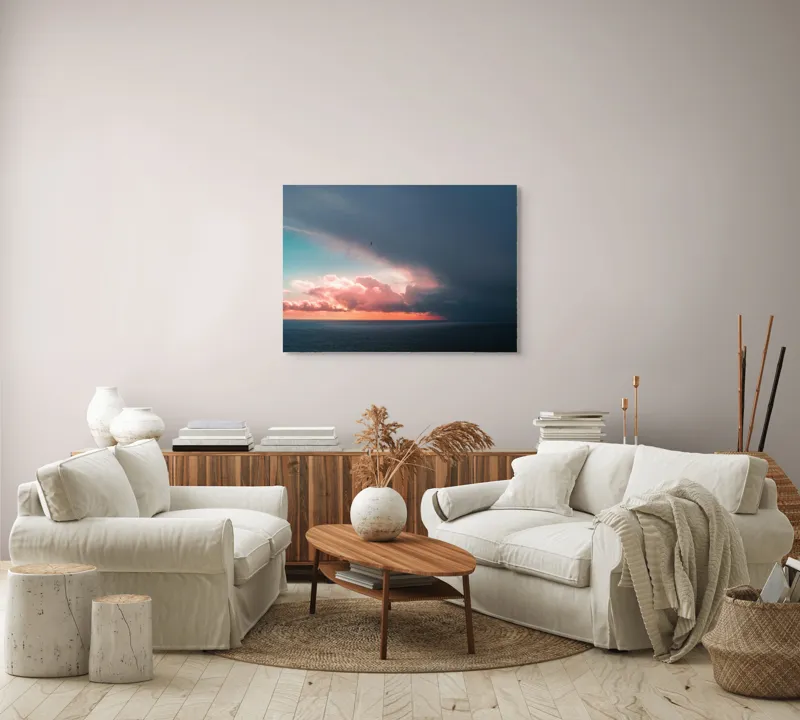 Tablou Canvas, "Cerul se întâlnește cu marea.", Cer, Nori, Apus, Ocean, Contrast, Lumină, Întunecare, Siluetă, Orizont, Culoare, 100 x 70 cm – poza 3