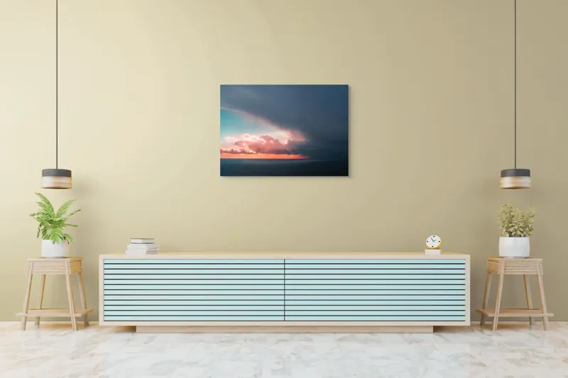 Tablou Canvas, "Cerul se întâlnește cu marea.", Cer, Nori, Apus, Ocean, Contrast, Lumină, Întunecare, Siluetă, Orizont, Culoare, 100 x 70 cm – poza 4