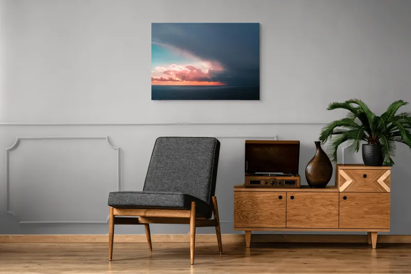 Tablou Canvas, "Cerul se întâlnește cu marea.", Cer, Nori, Apus, Ocean, Contrast, Lumină, Întunecare, Siluetă, Orizont, Culoare, 100 x 70 cm – poza 8