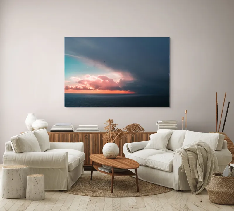Tablou Canvas, "Cerul se întâlnește cu marea.", Cer, Nori, Apus, Ocean, Contrast, Lumină, Întunecare, Siluetă, Orizont, Culoare, 150 x 100 cm – poza 3