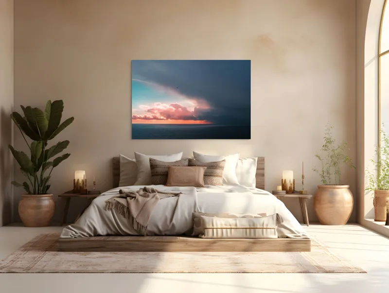 Tablou Canvas, "Cerul se întâlnește cu marea.", Cer, Nori, Apus, Ocean, Contrast, Lumină, Întunecare, Siluetă, Orizont, Culoare, 150 x 100 cm – poza 4
