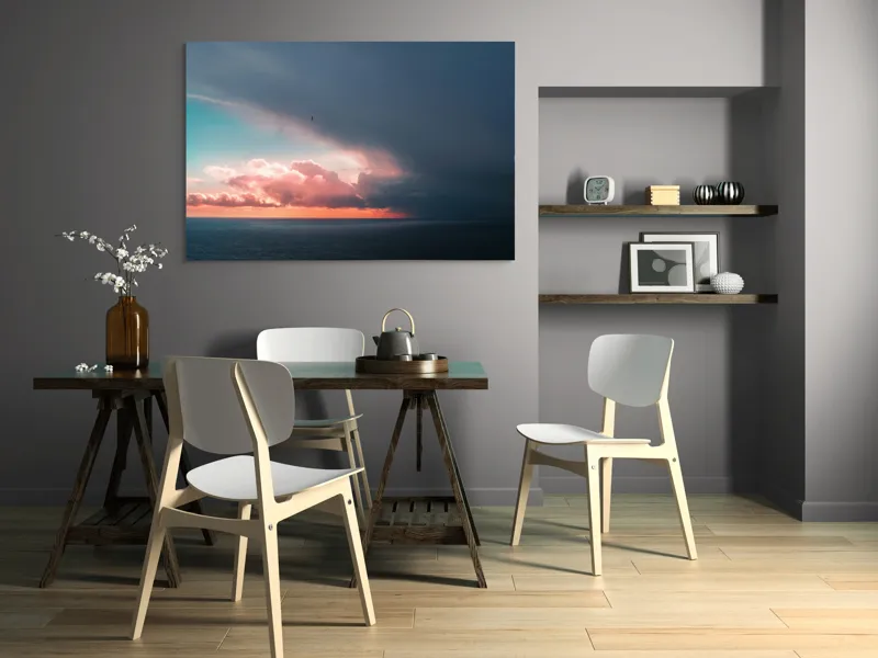 Tablou Canvas, "Cerul se întâlnește cu marea.", Cer, Nori, Apus, Ocean, Contrast, Lumină, Întunecare, Siluetă, Orizont, Culoare, 150 x 100 cm – poza 5