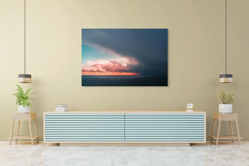 Tablou Canvas, "Cerul se întâlnește cu marea.", Cer, Nori, Apus, Ocean, Contrast, Lumină, Întunecare, Siluetă, Orizont, Culoare, 150 x 100 cm – poza 6