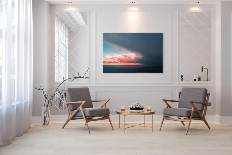 Tablou Canvas, "Cerul se întâlnește cu marea.", Cer, Nori, Apus, Ocean, Contrast, Lumină, Întunecare, Siluetă, Orizont, Culoare, 150 x 100 cm – poza 7