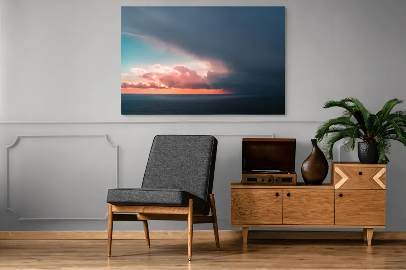 Tablou Canvas, "Cerul se întâlnește cu marea.", Cer, Nori, Apus, Ocean, Contrast, Lumină, Întunecare, Siluetă, Orizont, Culoare, 150 x 100 cm – poza 8