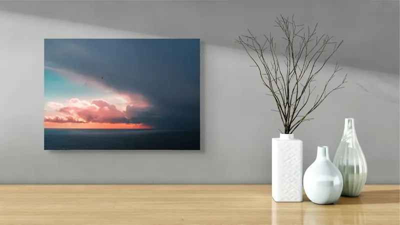 Tablou Canvas, "Cerul se întâlnește cu marea.", Cer, Nori, Apus, Ocean, Contrast, Lumină, Întunecare, Siluetă, Orizont, Culoare, 54 x 39 cm – poza 3