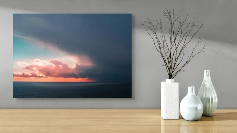 Tablou Canvas, "Cerul se întâlnește cu marea.", Cer, Nori, Apus, Ocean, Contrast, Lumină, Întunecare, Siluetă, Orizont, Culoare, 70 x 50 cm – poza 3