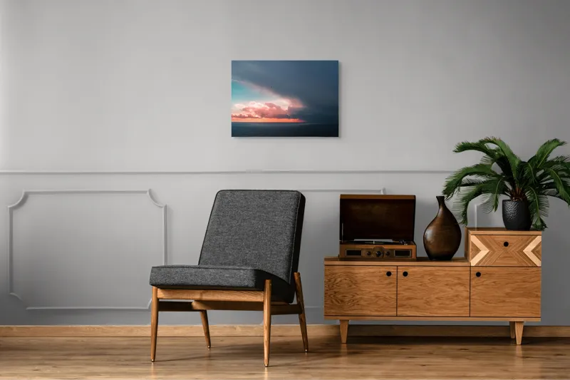 Tablou Canvas, "Cerul se întâlnește cu marea.", Cer, Nori, Apus, Ocean, Contrast, Lumină, Întunecare, Siluetă, Orizont, Culoare, 70 x 50 cm – poza 4