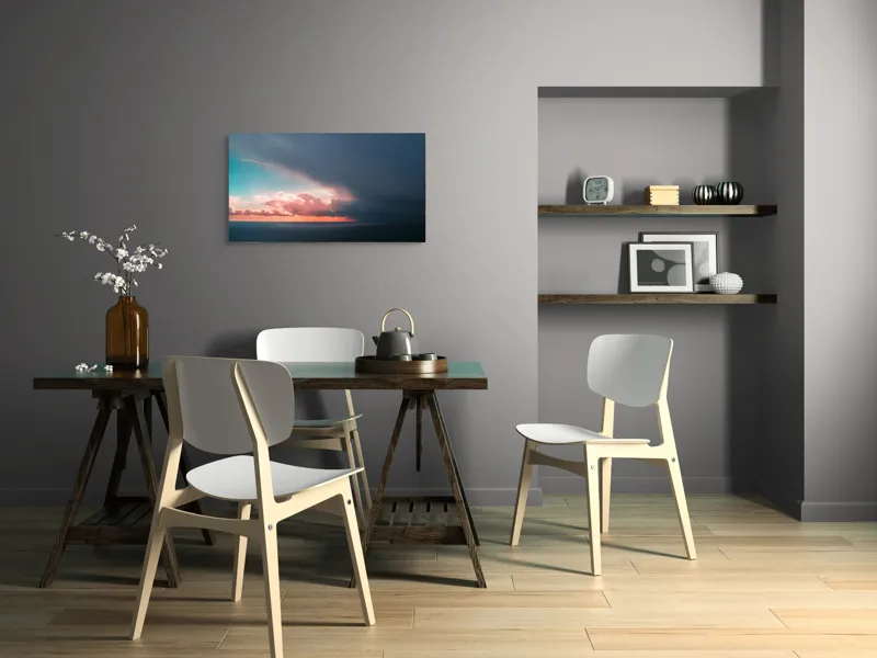 Tablou Canvas, "Cerul se întâlnește cu marea.", Cer, Nori, Apus, Ocean, Contrast, Lumină, Întunecare, Siluetă, Orizont, Culoare, 90 x 50 cm – poza 3