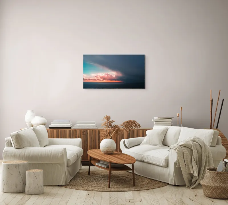Tablou Canvas, "Cerul se întâlnește cu marea.", Cer, Nori, Apus, Ocean, Contrast, Lumină, Întunecare, Siluetă, Orizont, Culoare, 90 x 50 cm – poza 4