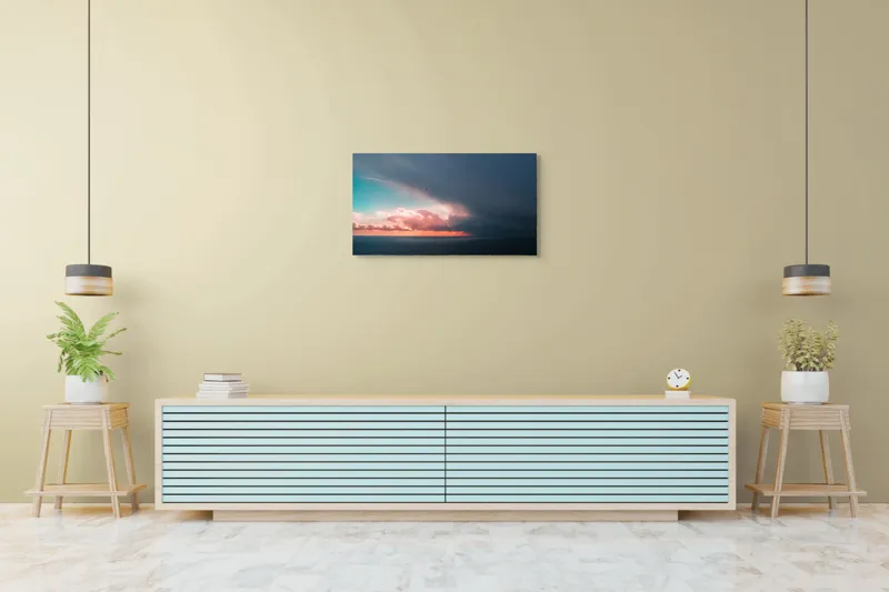 Tablou Canvas, "Cerul se întâlnește cu marea.", Cer, Nori, Apus, Ocean, Contrast, Lumină, Întunecare, Siluetă, Orizont, Culoare, 90 x 50 cm – poza 5