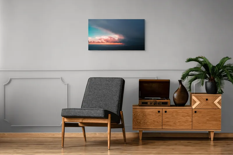 Tablou Canvas, "Cerul se întâlnește cu marea.", Cer, Nori, Apus, Ocean, Contrast, Lumină, Întunecare, Siluetă, Orizont, Culoare, 90 x 50 cm – poza 6