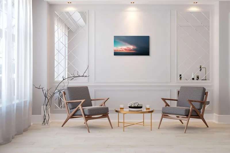 Tablou Canvas, "Cerul se întâlnește cu marea.", Cer, Nori, Apus, Ocean, Contrast, Lumină, Întunecare, Siluetă, Orizont, Culoare, 90 x 50 cm – poza 7