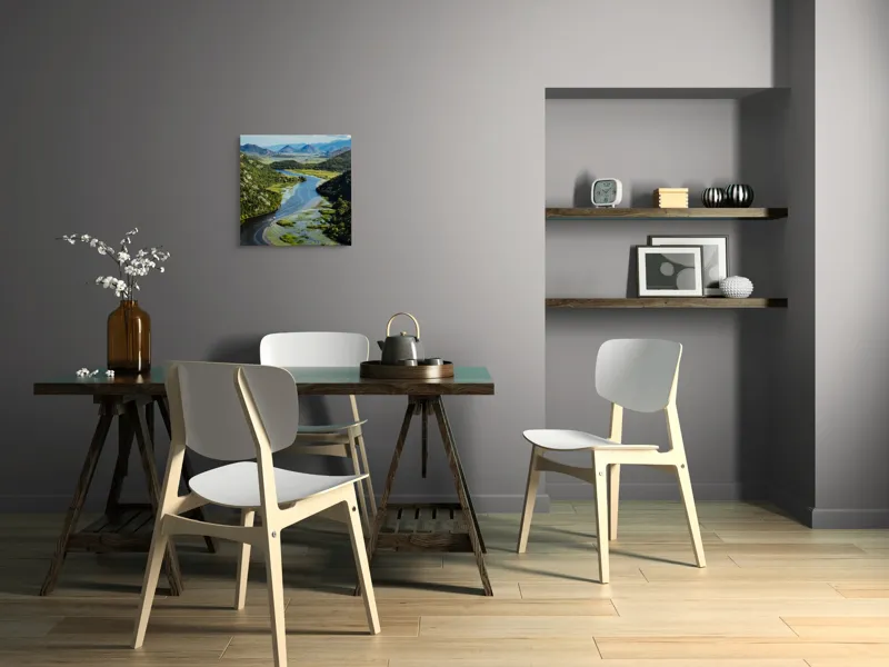 Tablou Canvas, "Vârtejul liniștit al râului verde", Peisaj, Râu, Munți, Vegetație, Cer, Natură, Albastru, Verde, Liniște, Tranquilitate, 50 x 50 cm – poza 8