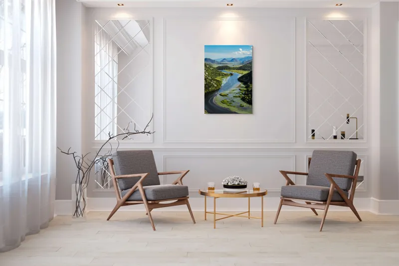 Tablou Canvas, "Vârtejul liniștit al râului verde", Peisaj, Râu, Munți, Vegetație, Cer, Natură, Albastru, Verde, Liniște, Tranquilitate, 70 x 100 cm – poza 8