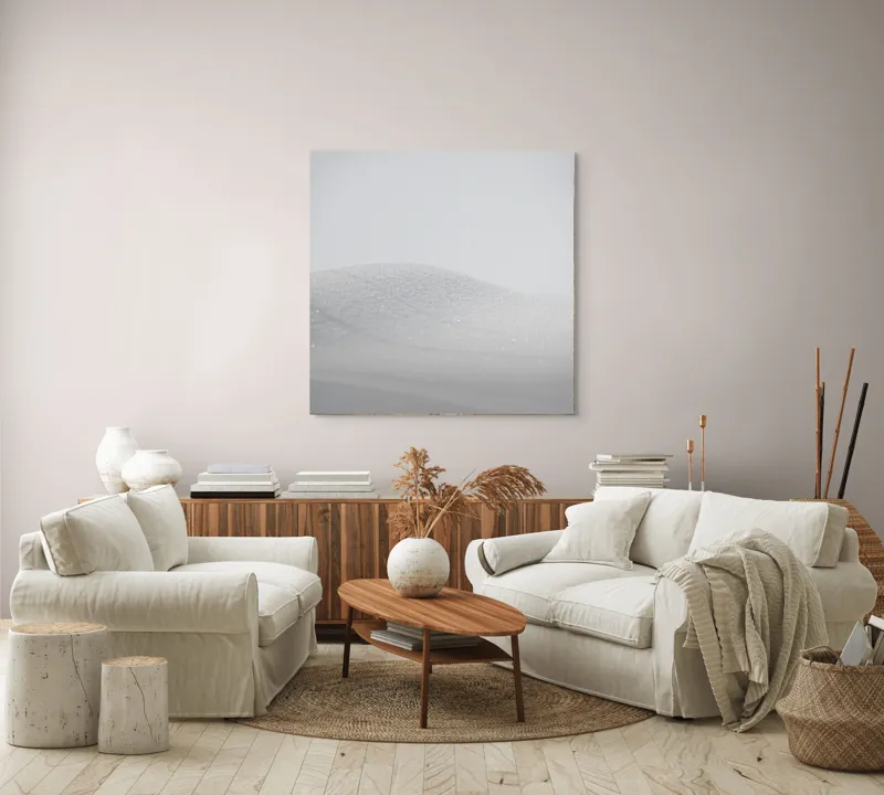 Tablou Canvas, "Zăpadă strălucitoare sub cer senin", Alb, Prafuit, Delicat, Silentios, Minimalist, 100 x 100 cm – poza 3