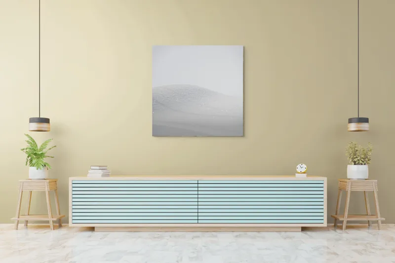 Tablou Canvas, "Zăpadă strălucitoare sub cer senin", Alb, Prafuit, Delicat, Silentios, Minimalist, 100 x 100 cm – poza 5
