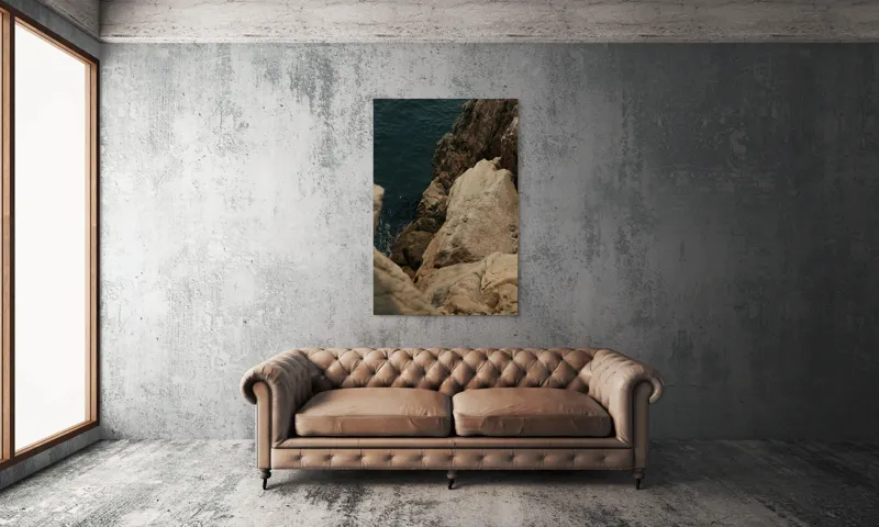 Tablou Canvas, "Pietrele șoptind în taină marii", Rocă, Mare, Valuri, Texturi, Natură, Stâncă, Apă, Sălbăticie., 100 x 150 cm – poza 6