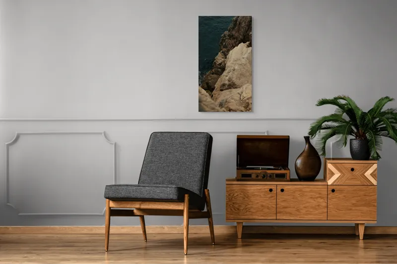 Tablou Canvas, "Pietrele șoptind în taină marii", Rocă, Mare, Valuri, Texturi, Natură, Stâncă, Apă, Sălbăticie., 50 x 90 cm – poza 8