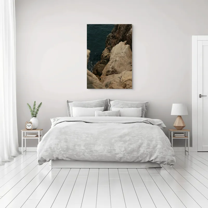 Tablou Canvas, "Pietrele șoptind în taină marii", Rocă, Mare, Valuri, Texturi, Natură, Stâncă, Apă, Sălbăticie., 70 x 100 cm – poza 3
