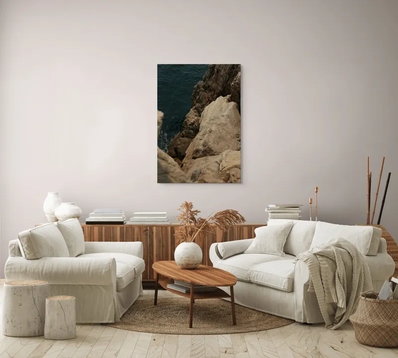 Tablou Canvas, "Pietrele șoptind în taină marii", Rocă, Mare, Valuri, Texturi, Natură, Stâncă, Apă, Sălbăticie., 70 x 100 cm – poza 4