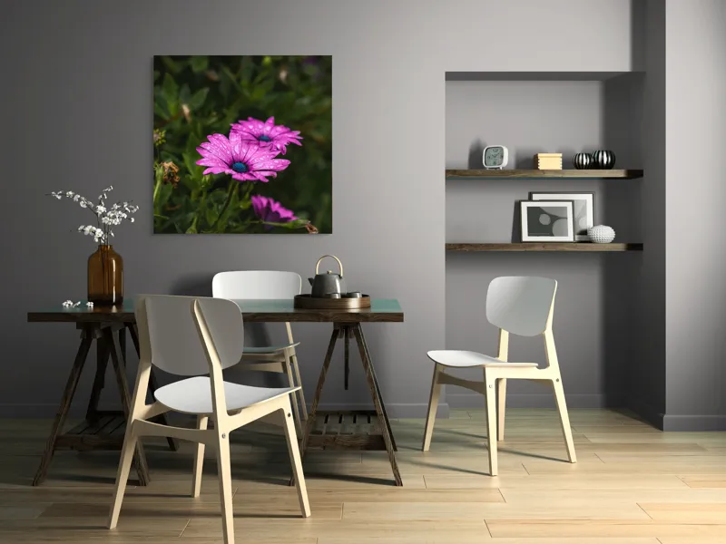 Tablou Canvas, "Flori de primăvară în rouă", Roz, Petale, Garoafe, Verde, Plante, Prospețime, Natură, Picături, Primăvară, Frunziș, Vioi, Înflorire, 100 x 100 cm – poza 6