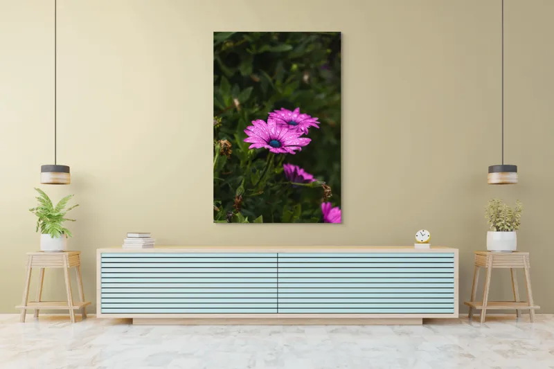 Tablou Canvas, "Flori de primăvară în rouă", Roz, Petale, Garoafe, Verde, Plante, Prospețime, Natură, Picături, Primăvară, Frunziș, Vioi, Înflorire, 100 x 150 cm – poza 4