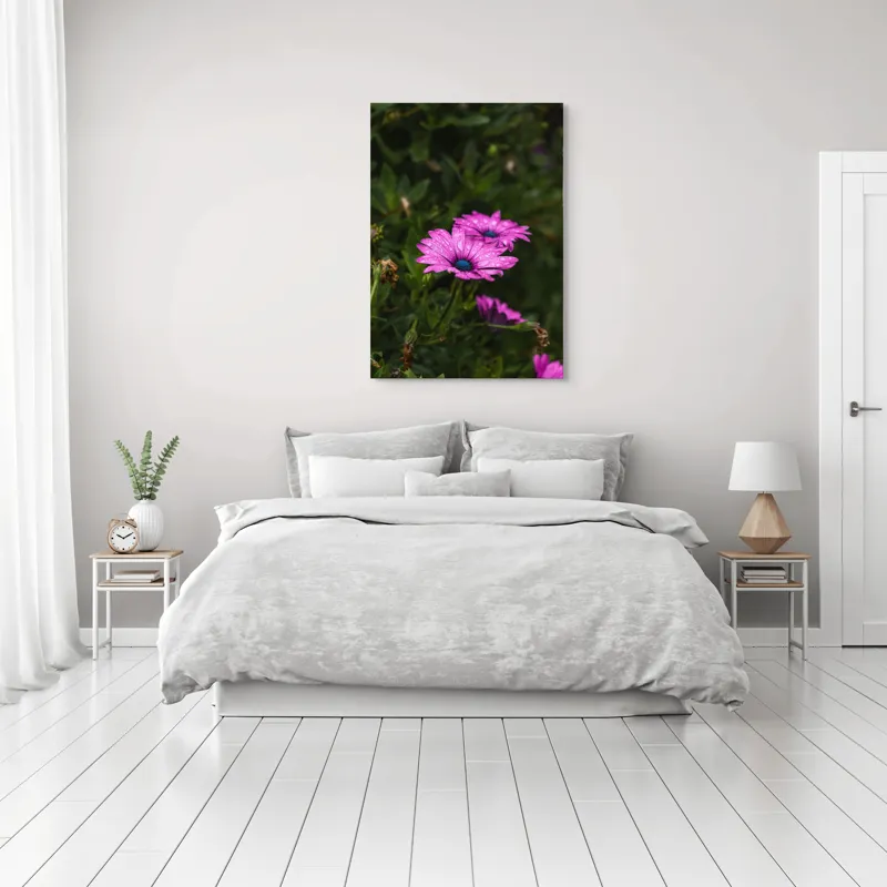 Tablou Canvas, "Flori de primăvară în rouă", Roz, Petale, Garoafe, Verde, Plante, Prospețime, Natură, Picături, Primăvară, Frunziș, Vioi, Înflorire, 70 x 100 cm – poza 3