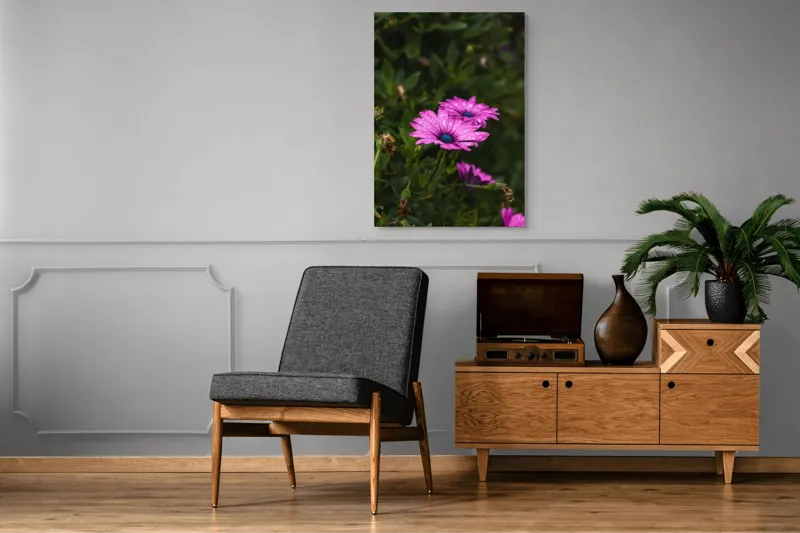 Tablou Canvas, "Flori de primăvară în rouă", Roz, Petale, Garoafe, Verde, Plante, Prospețime, Natură, Picături, Primăvară, Frunziș, Vioi, Înflorire, 70 x 100 cm – poza 6