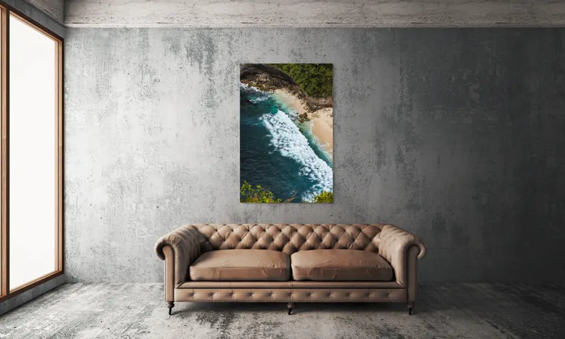 Tablou Canvas, "Valuri spumoase pe țărm stâncos", Ocean, Valuri, Plajă, Stânci, Vegetație, Albastru, Spumă, 100 x 150 cm – poza 6