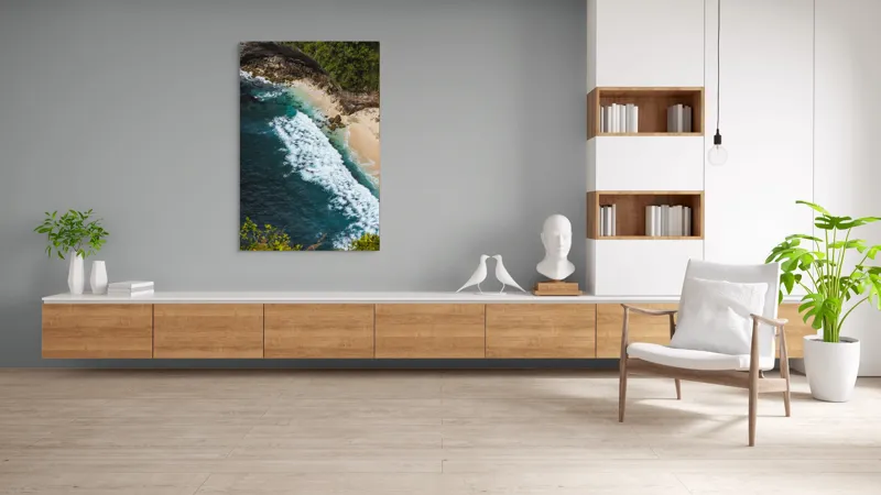 Tablou Canvas, "Valuri spumoase pe țărm stâncos", Ocean, Valuri, Plajă, Stânci, Vegetație, Albastru, Spumă, 100 x 150 cm – poza 8