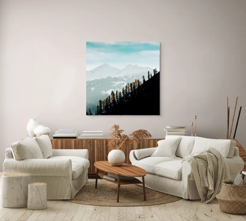 Tablou Canvas, "Copaci solitari pe culmea muntelui blanc", Cer, Munte, Zăpadă, Pădure, Umbre, Copaci, Orizont, Natural, Calm, Frumusețe, 100 x 100 cm – poza 3