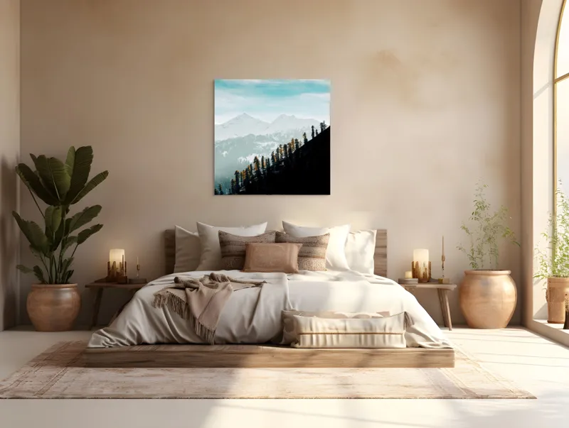 Tablou Canvas, "Copaci solitari pe culmea muntelui blanc", Cer, Munte, Zăpadă, Pădure, Umbre, Copaci, Orizont, Natural, Calm, Frumusețe, 100 x 100 cm – poza 4